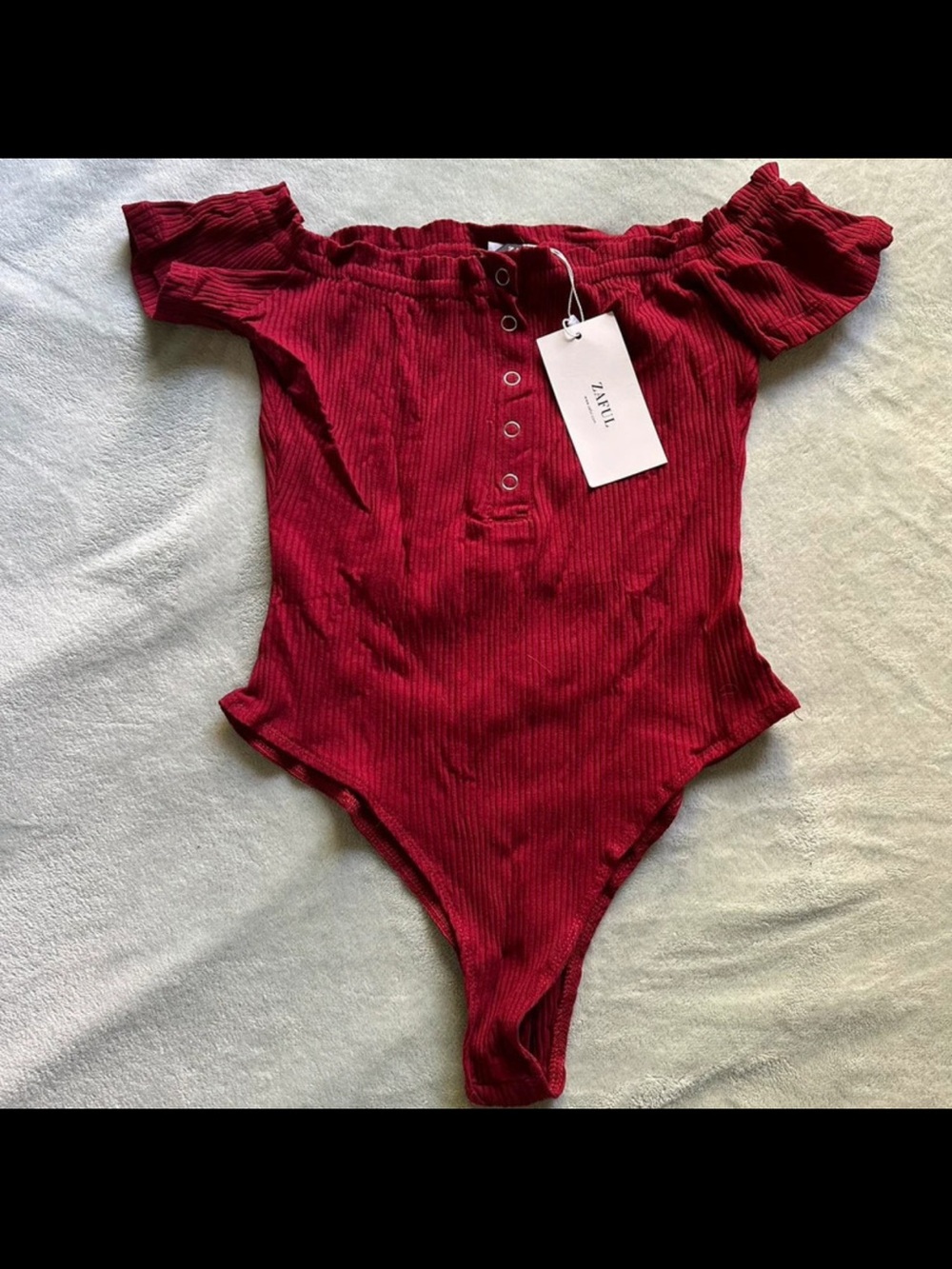 Zaful Burgundy Off-Shoulder Ribbed Bodysuit